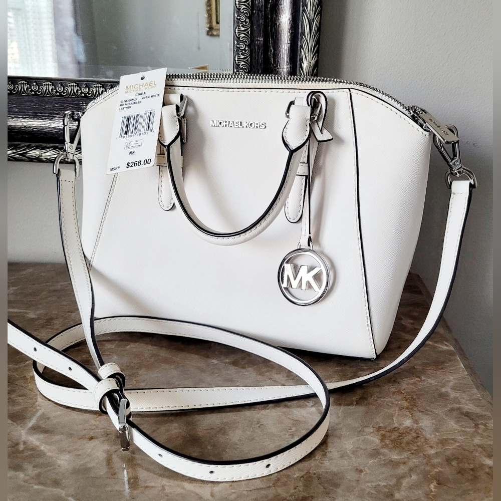 Michael Kors Ciara Optic White Crossbody/Satchel Silver Logo Medium 11"×8.5"×4.5